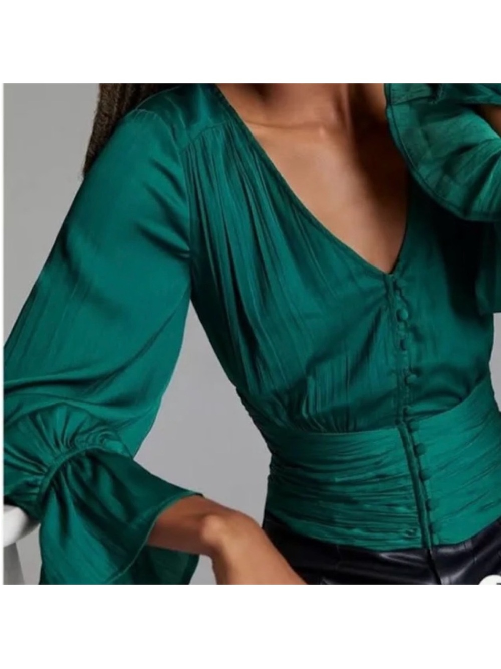 Anthropologie Flowy Satin Long Sleeve Green Blouse Size Medium $98 - Picture 2 of 9